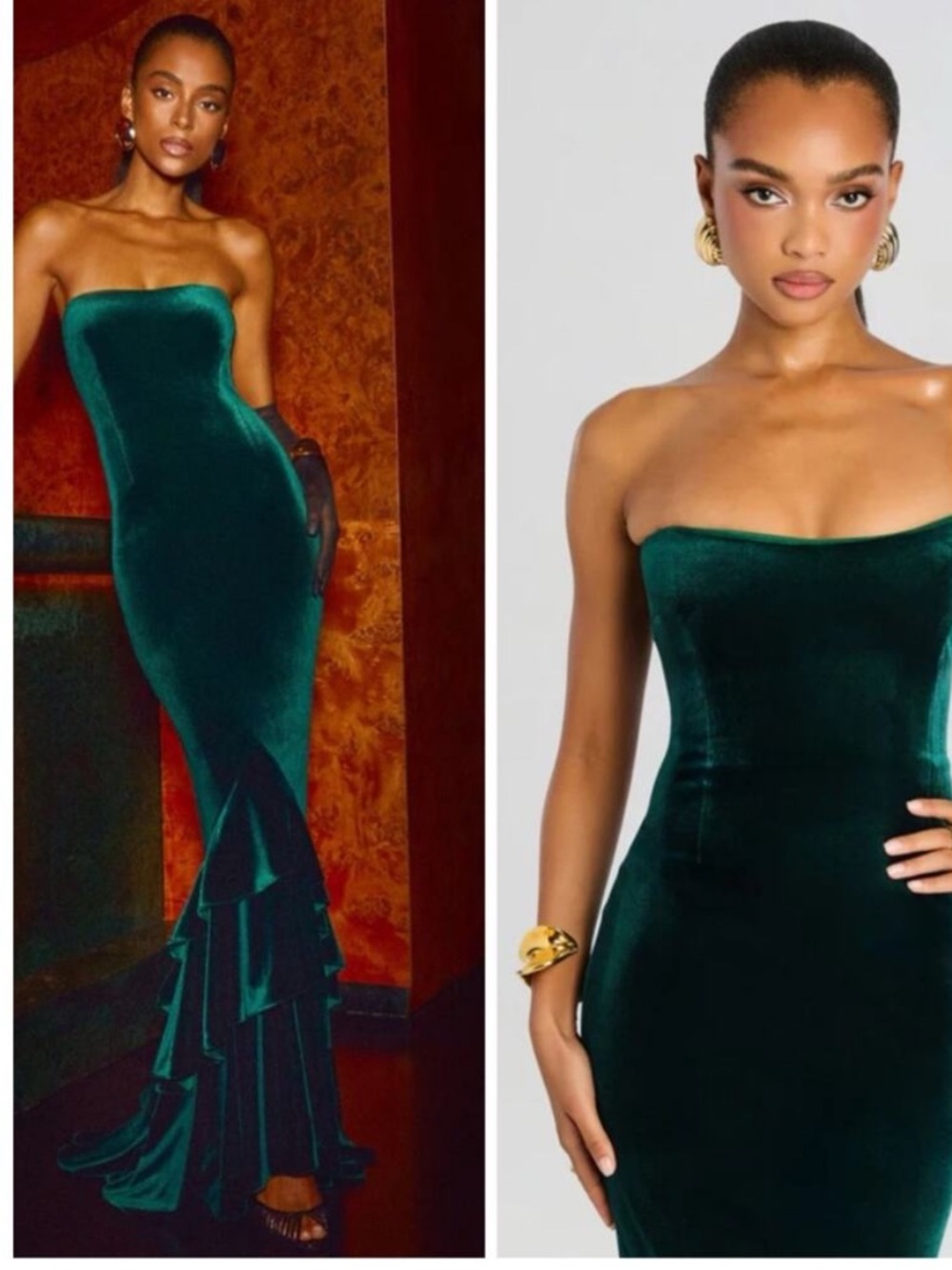 RETROFETE Greta Strapless Velvet Tiered Mermaid Green Maxi Dress Size Small NWT